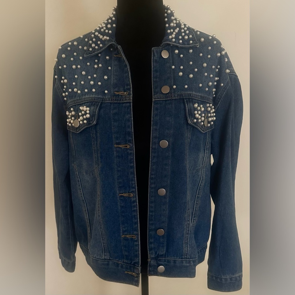 OntWelfth Denim Trucker Jacket With Pearls Beaded Embellished - Size S